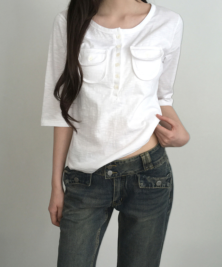 ヘンリーネックボタンツーポケット七分袖Tシャツ IVORY