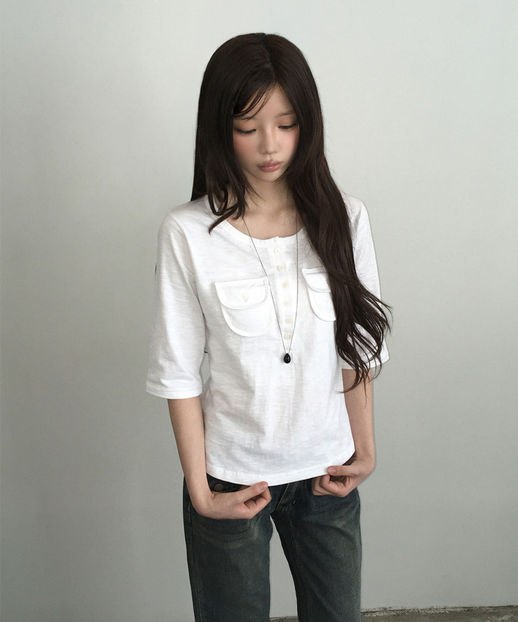 ヘンリーネックボタンツーポケット七分袖Tシャツ IVORY