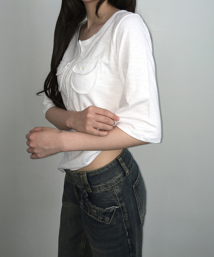 ヘンリーネックボタンツーポケット七分袖Tシャツ IVORY