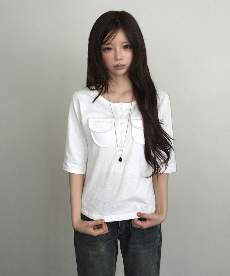 ヘンリーネックボタンツーポケット七分袖Tシャツ IVORY