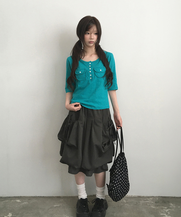 ヘンリーネックボタンツーポケット七分袖Tシャツ TILLGREEN