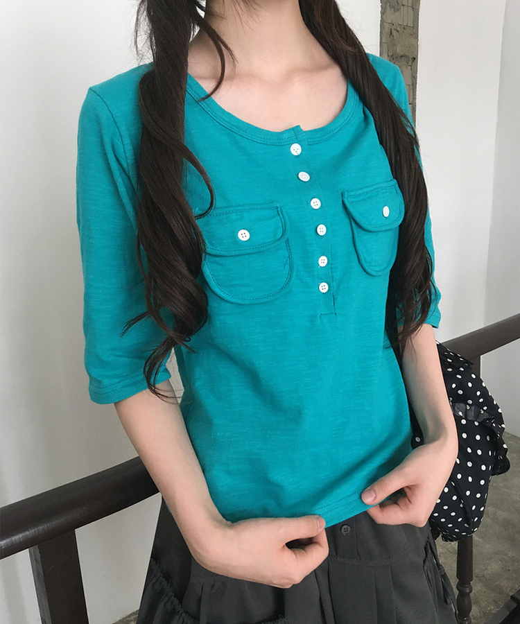 ヘンリーネックボタンツーポケット七分袖Tシャツ TILLGREEN