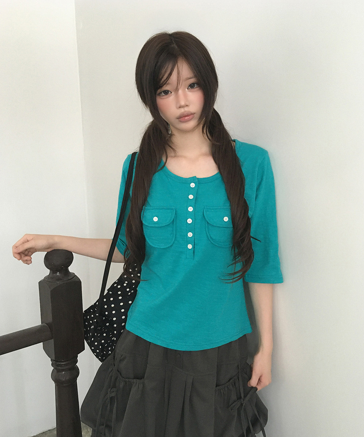 ヘンリーネックボタンツーポケット七分袖Tシャツ TILLGREEN
