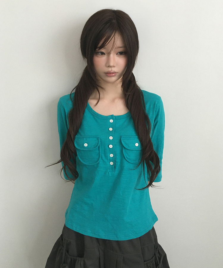 ヘンリーネックボタンツーポケット七分袖Tシャツ TILLGREEN
