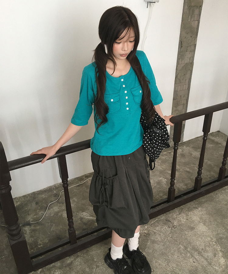 ヘンリーネックボタンツーポケット七分袖Tシャツ TILLGREEN