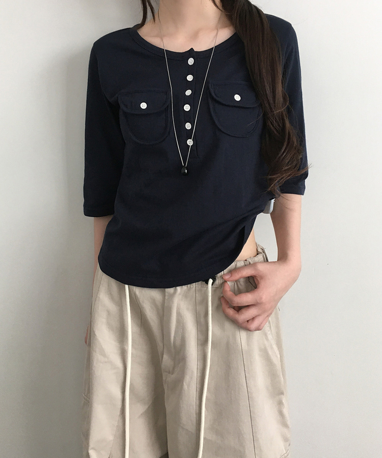 ヘンリーネックボタンツーポケット七分袖Tシャツ NAVY