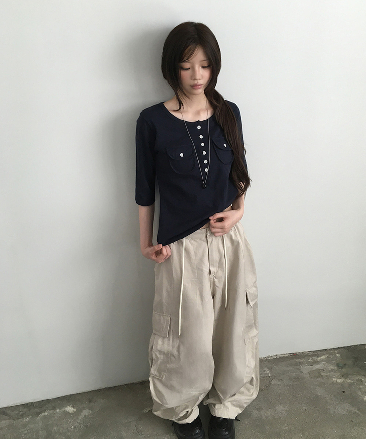 ヘンリーネックボタンツーポケット七分袖Tシャツ NAVY