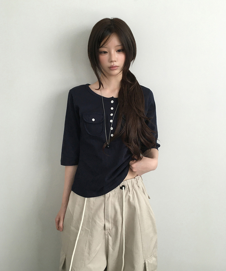 ヘンリーネックボタンツーポケット七分袖Tシャツ NAVY