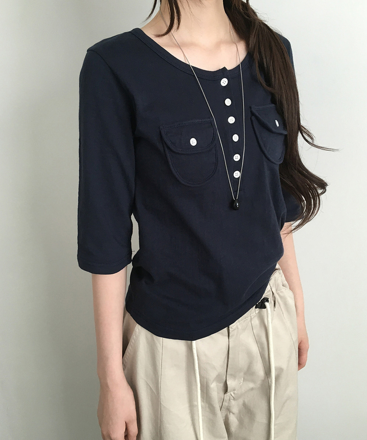 ヘンリーネックボタンツーポケット七分袖Tシャツ NAVY