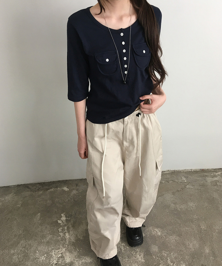ヘンリーネックボタンツーポケット七分袖Tシャツ NAVY