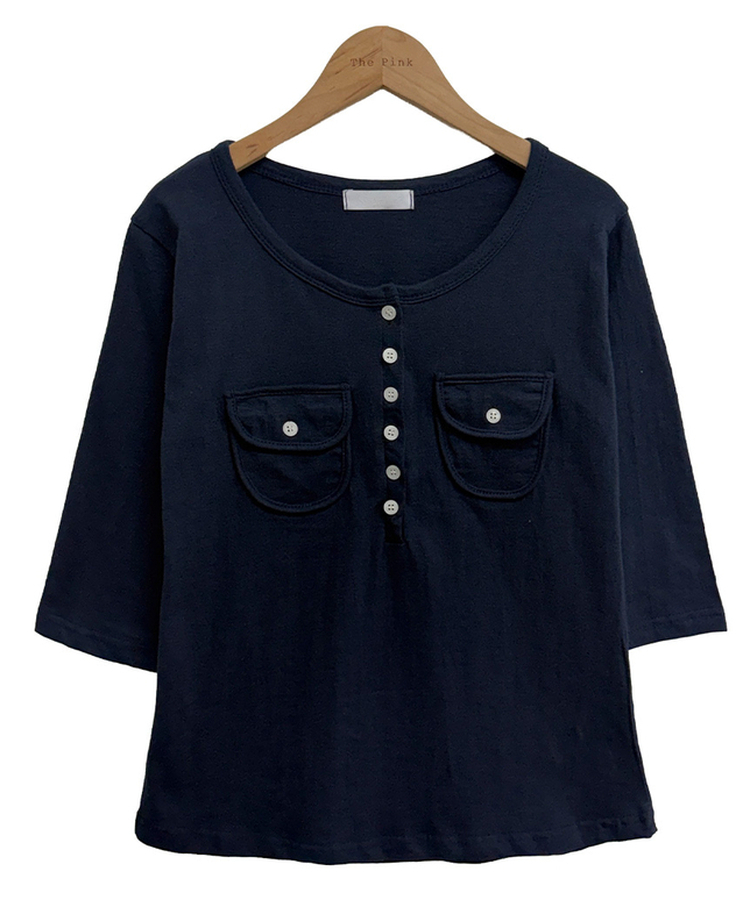 ヘンリーネックボタンツーポケット七分袖Tシャツ