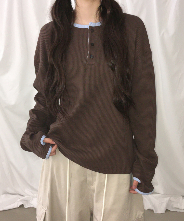 ヘンリーネックオーバーサイズニットTシャツ BROWN