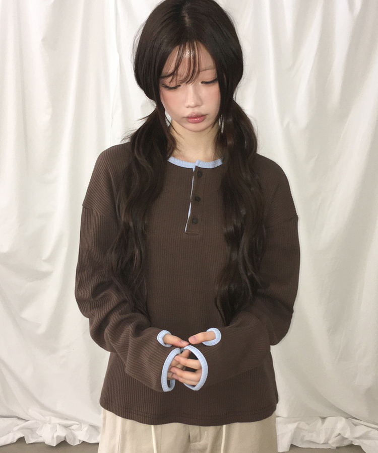 ヘンリーネックオーバーサイズニットTシャツ BROWN