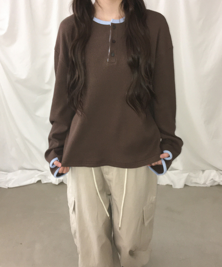 ヘンリーネックオーバーサイズニットTシャツ BROWN