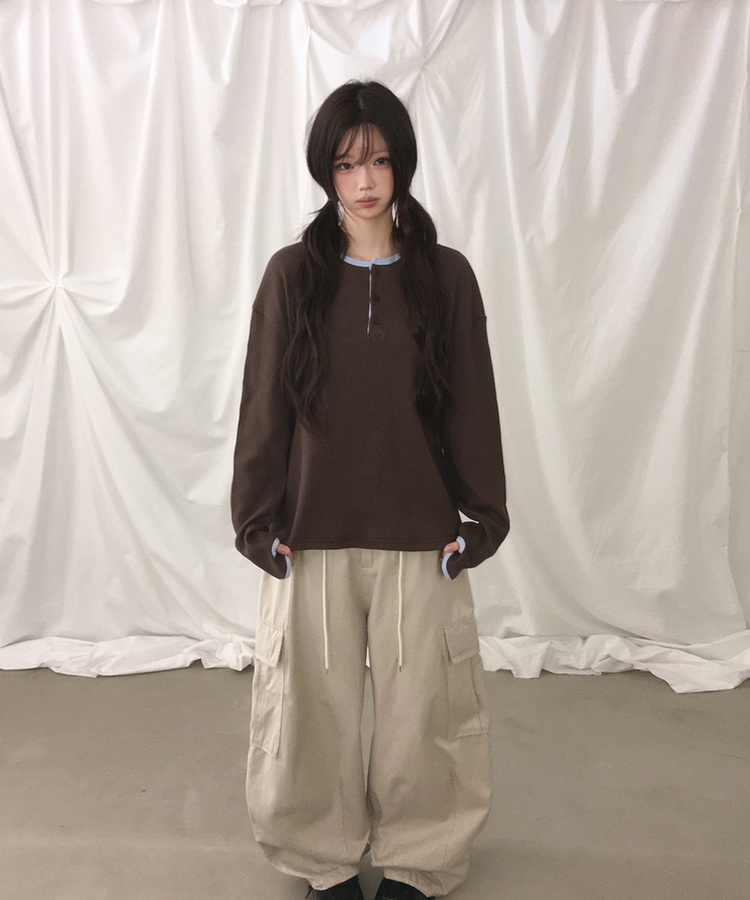 ヘンリーネックオーバーサイズニットTシャツ BROWN