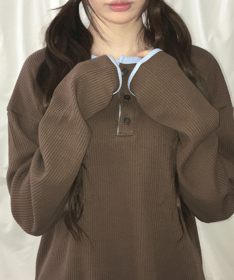 ヘンリーネックオーバーサイズニットTシャツ BROWN