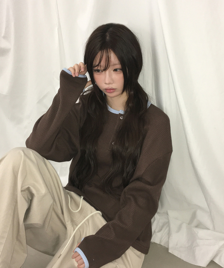 ヘンリーネックオーバーサイズニットTシャツ BROWN