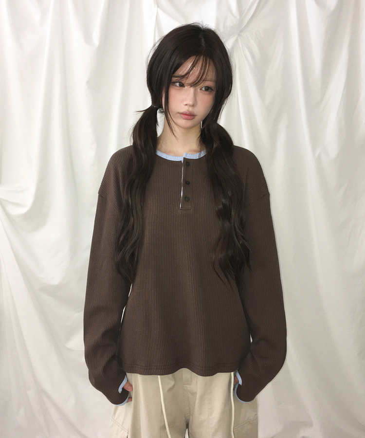 ヘンリーネックオーバーサイズニットTシャツ BROWN