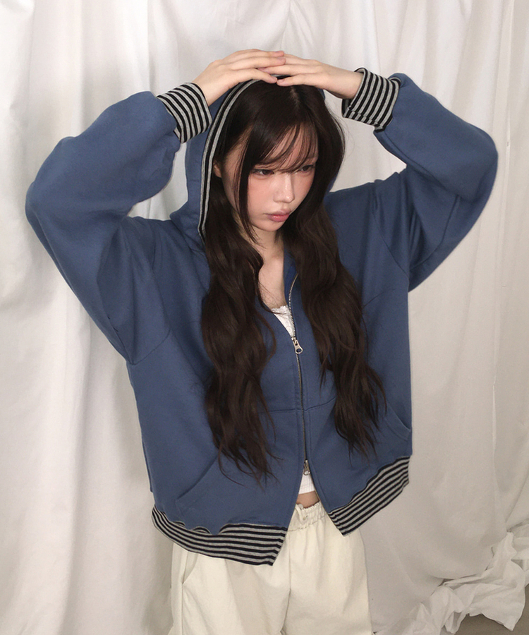 ボーダージップアップフードトレーナー BLUE