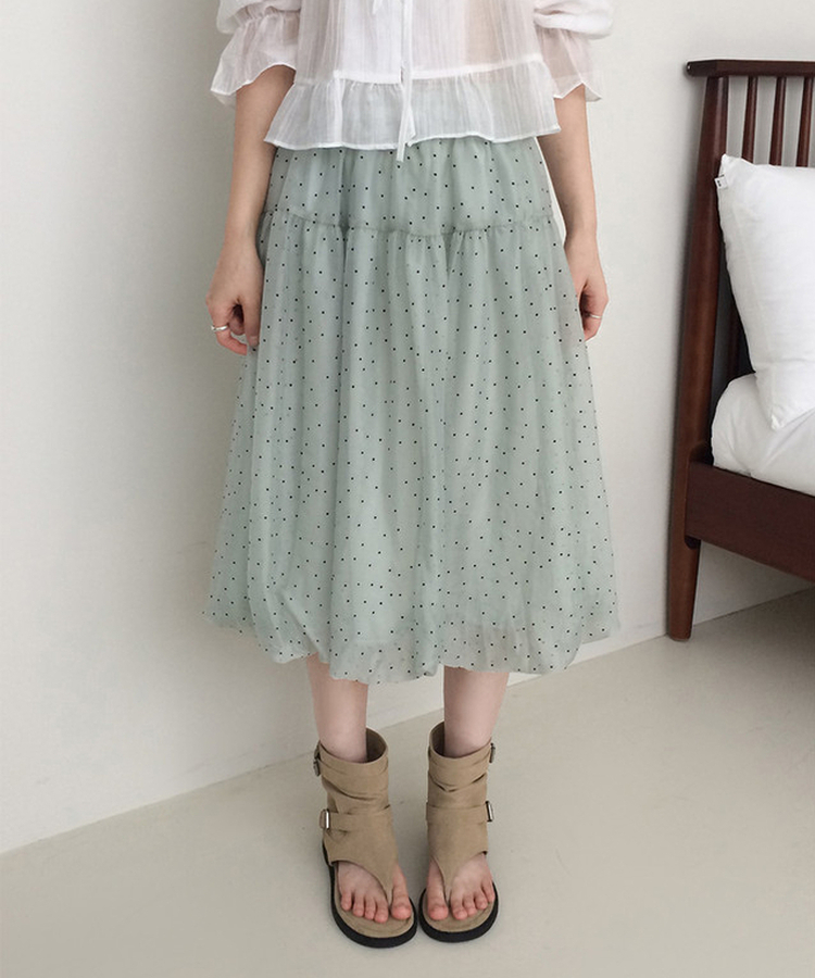 ドットシフォンバルーンミディスカート GREEN