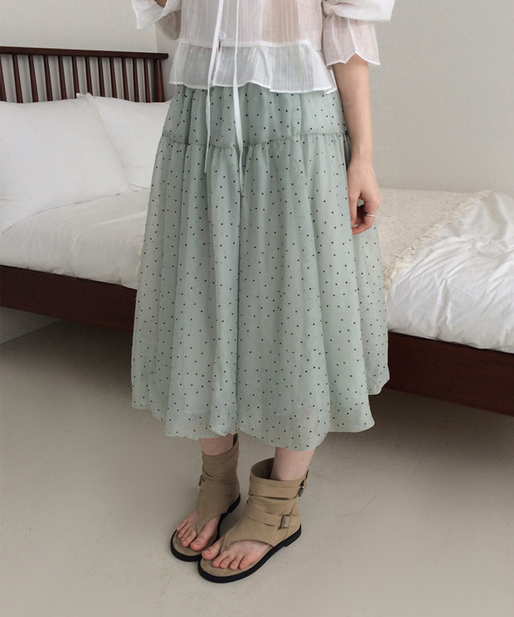 ドットシフォンバルーンミディスカート GREEN