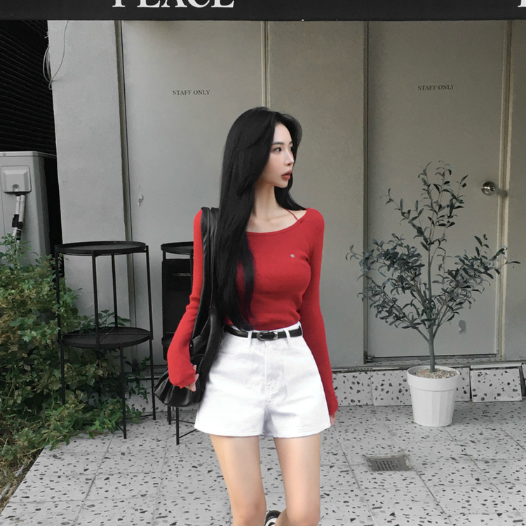 ペンダントUネックリブ長袖ニット(6color) RED