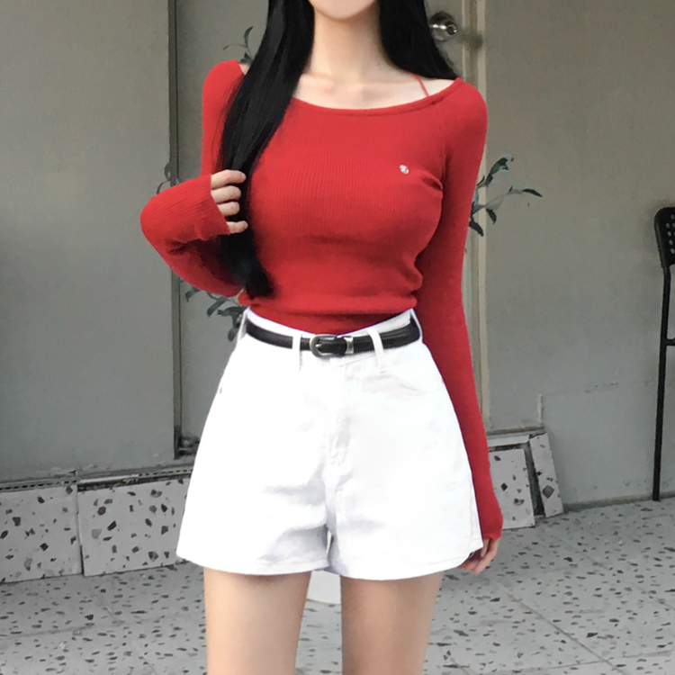 ペンダントUネックリブ長袖ニット(6color) RED