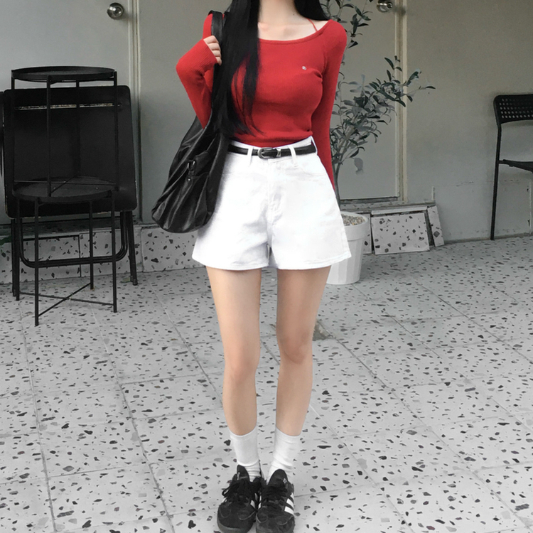 ペンダントUネックリブ長袖ニット(6color) RED