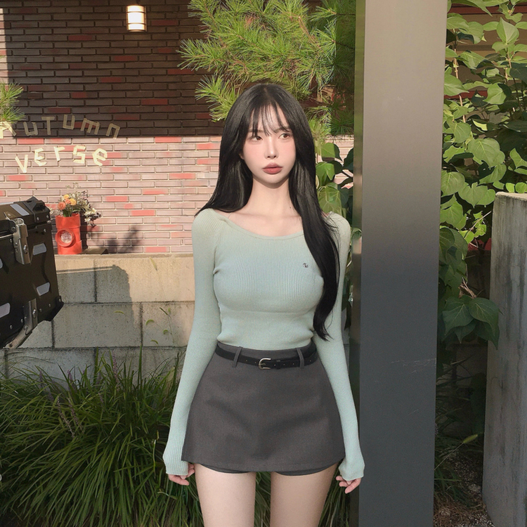 ペンダントUネックリブ長袖ニット(6color) MINT