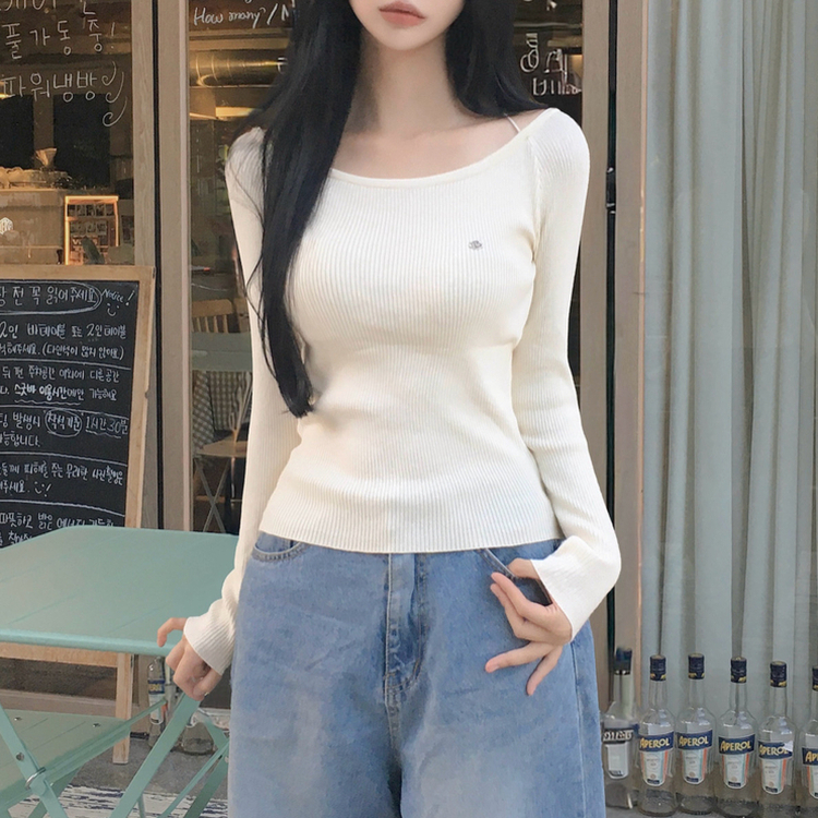 ペンダントUネックリブ長袖ニット(6color) IVORY