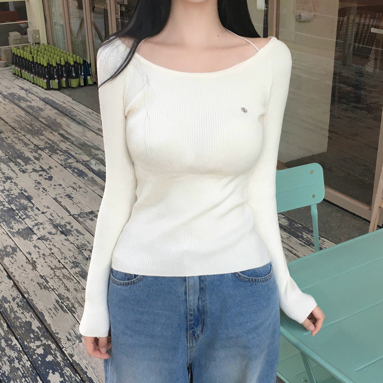 ペンダントUネックリブ長袖ニット(6color) IVORY