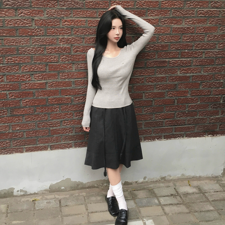 ペンダントUネックリブ長袖ニット(6color) GREY