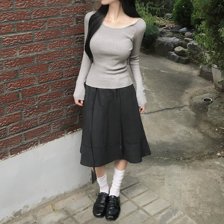 ペンダントUネックリブ長袖ニット(6color) GREY