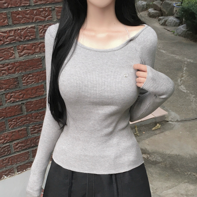 ペンダントUネックリブ長袖ニット(6color) GREY