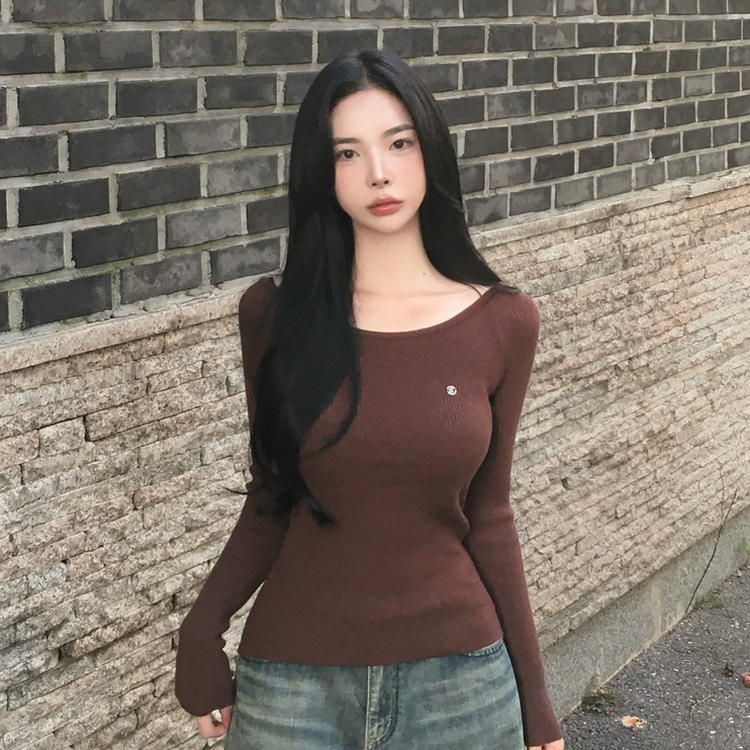 ペンダントUネックリブ長袖ニット(6color) BROWN