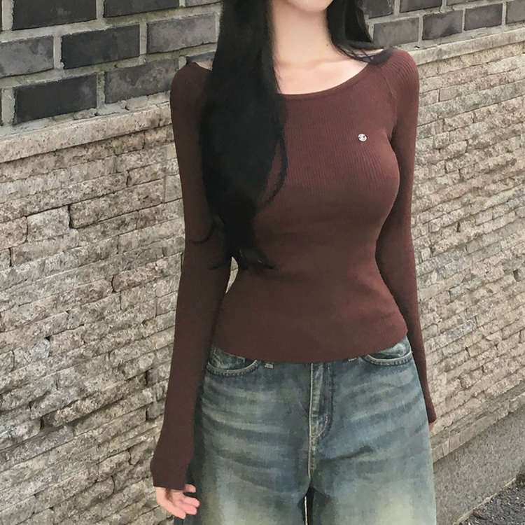 ペンダントUネックリブ長袖ニット(6color) BROWN