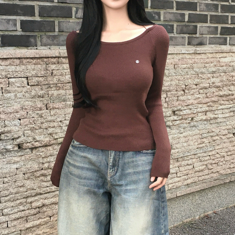 ペンダントUネックリブ長袖ニット(6color) BROWN