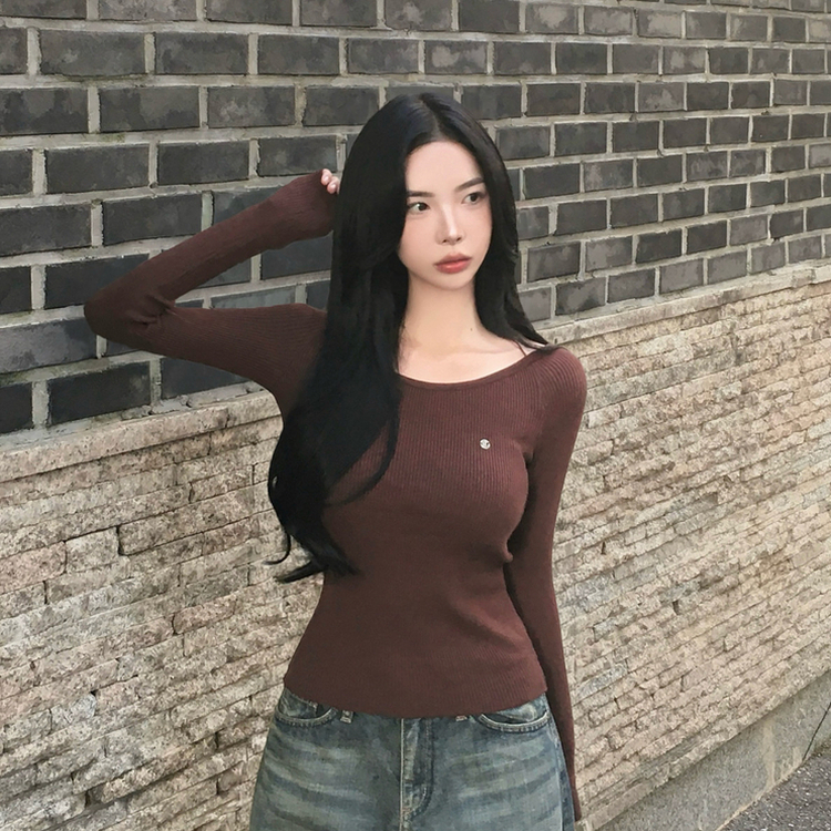 ペンダントUネックリブ長袖ニット(6color) BROWN