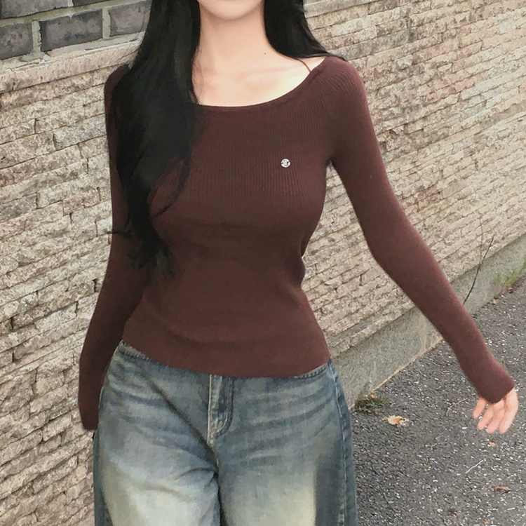 ペンダントUネックリブ長袖ニット(6color) BROWN