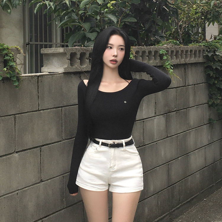 ペンダントUネックリブ長袖ニット(6color) BLACK