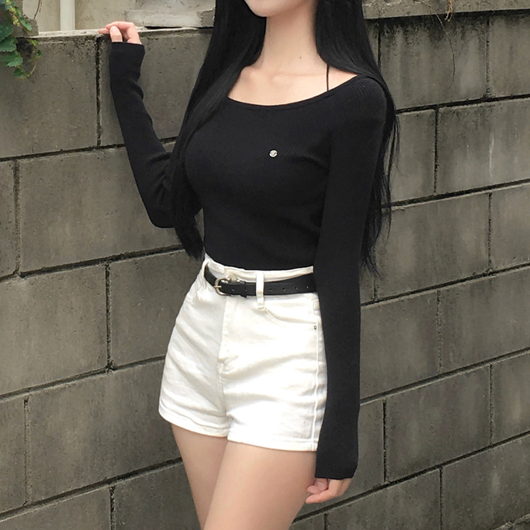 ペンダントUネックリブ長袖ニット(6color) BLACK