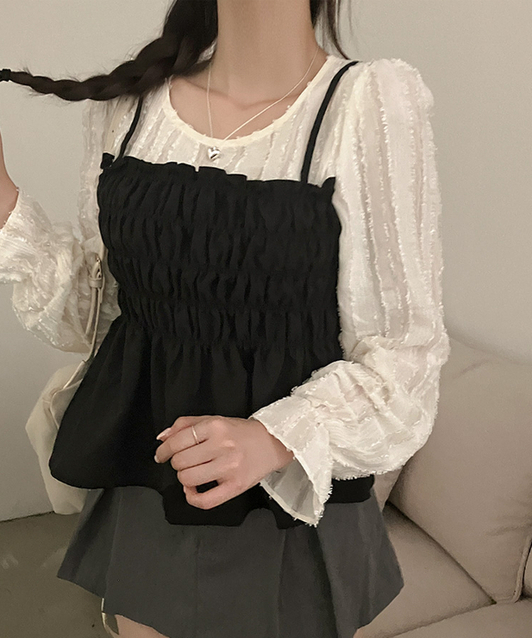 スモックサテンビスチェレイヤードブラウス BLACK