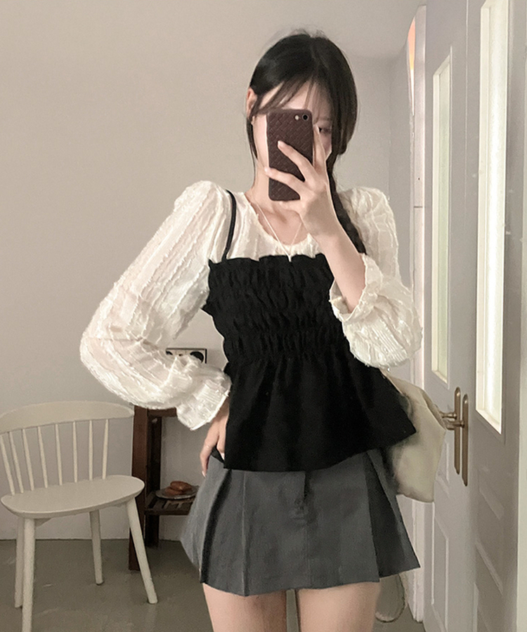 スモックサテンビスチェレイヤードブラウス BLACK