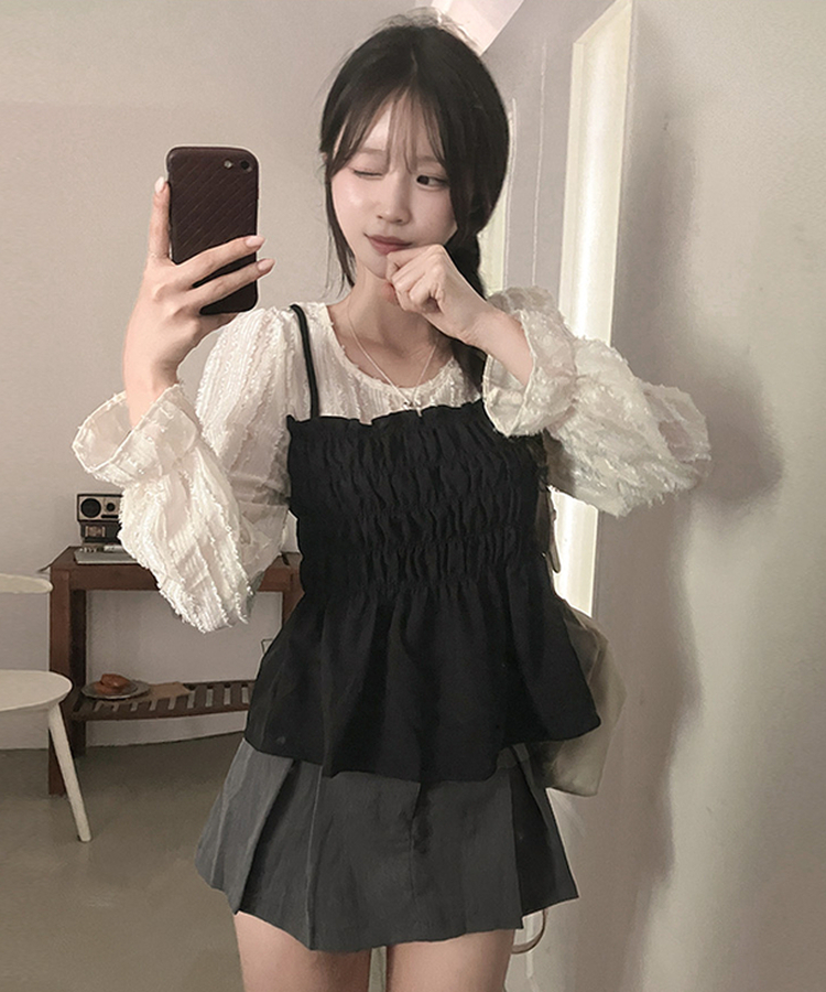 スモックサテンビスチェレイヤードブラウス BLACK