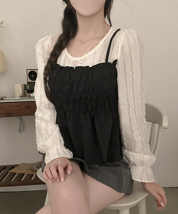 スモックサテンビスチェレイヤードブラウス BLACK