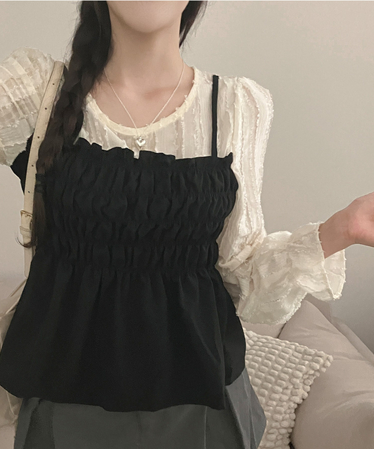 スモックサテンビスチェレイヤードブラウス BLACK