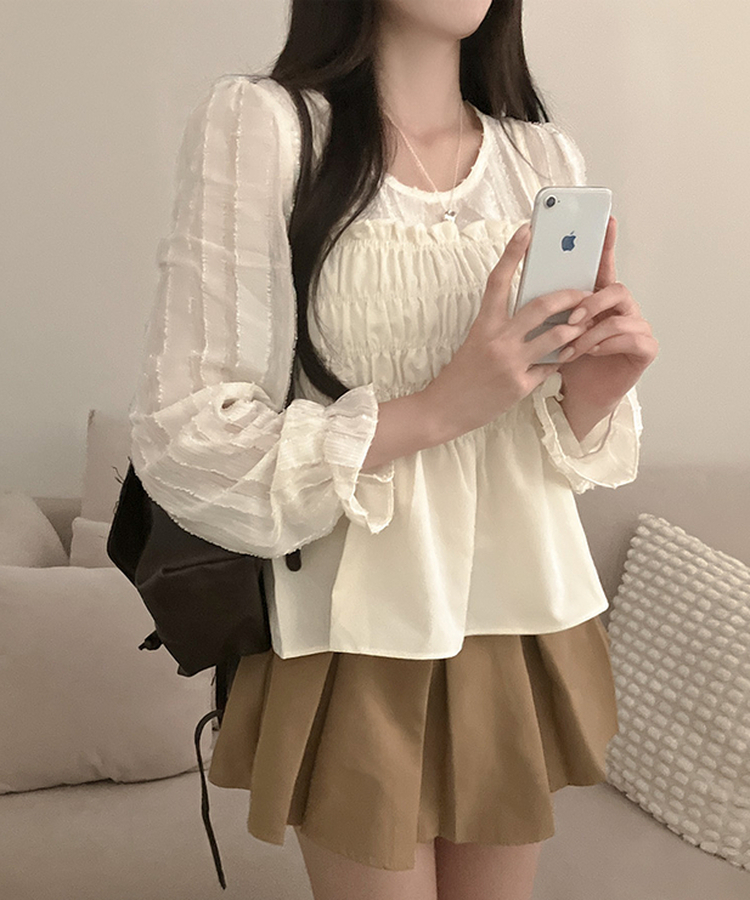 スモックサテンビスチェレイヤードブラウス BEIGE