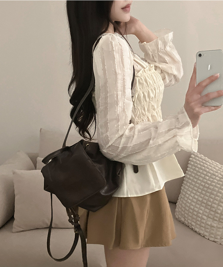 スモックサテンビスチェレイヤードブラウス BEIGE