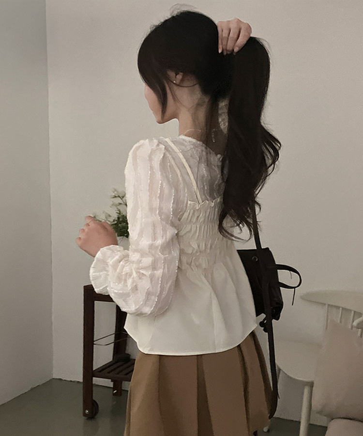 スモックサテンビスチェレイヤードブラウス BEIGE