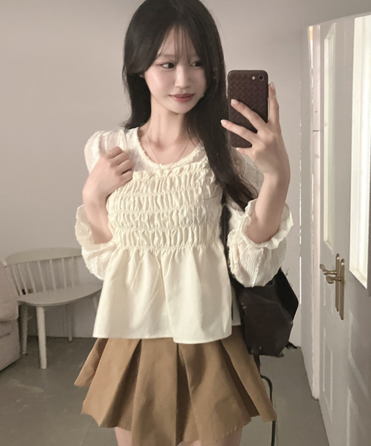 スモックサテンビスチェレイヤードブラウス BEIGE